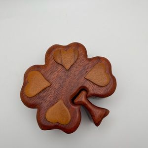 Vintage Exotic Hardwood Shamrock Trinket Puzzle Lined Secret Compartment Box